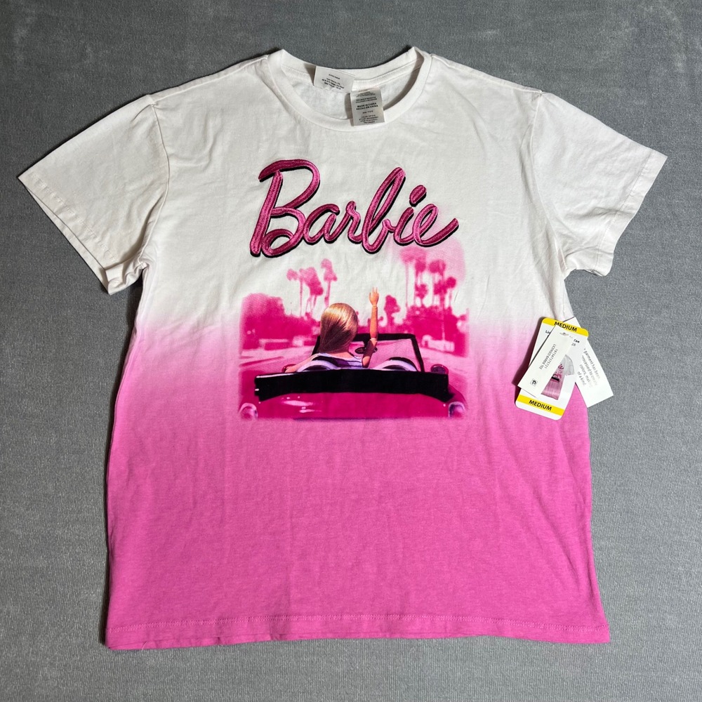 Barbie Movie Graphic Tee Pink White Dip Dye Ombre Shirt Medium 1BM080BJRSC